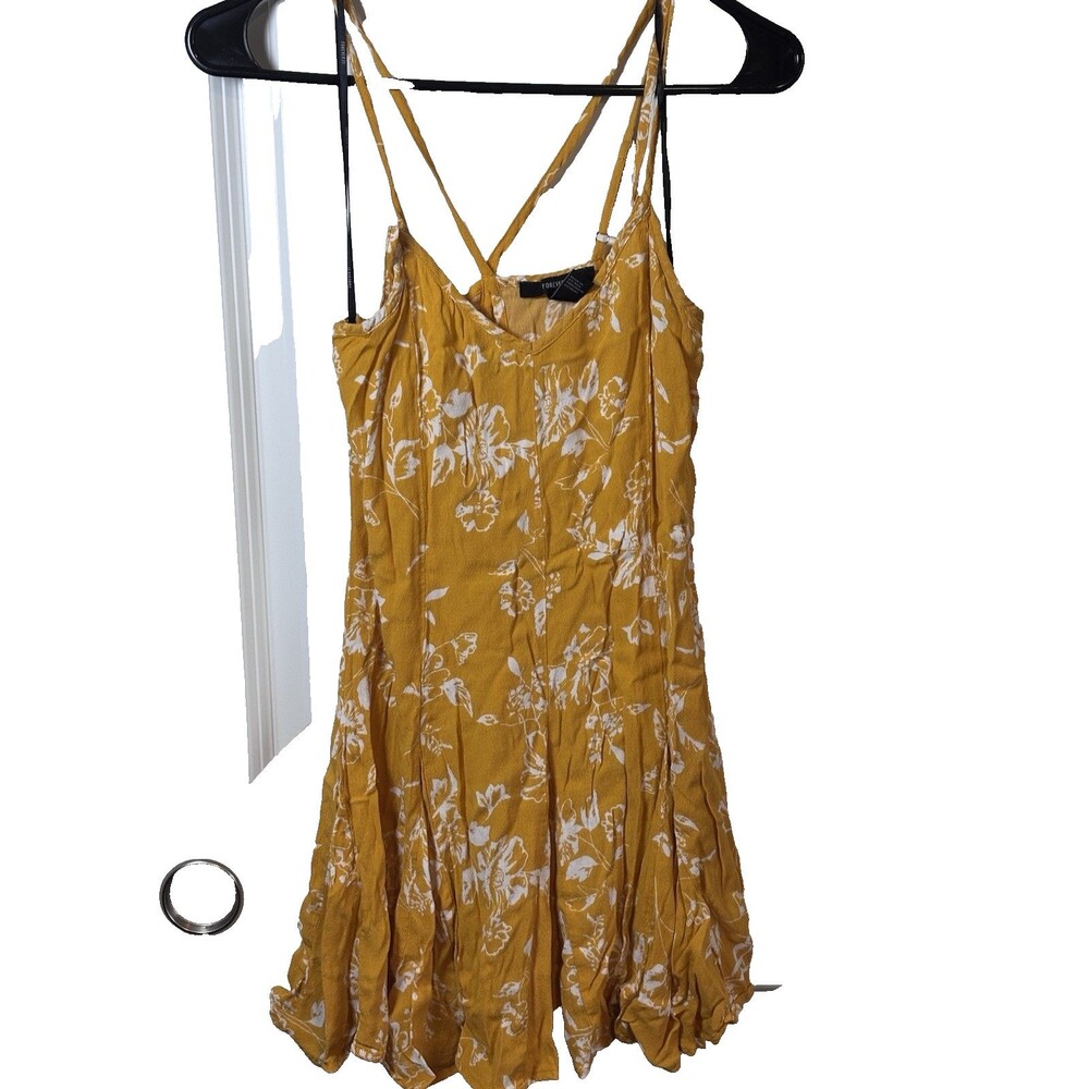 Forever 21 Yellow Floral Mini Sundress Small New Spaghetti Strap Fit And Flare